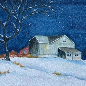 Snowy Night Watercolor Painting of Barn Original Art Painting Watercolor Art