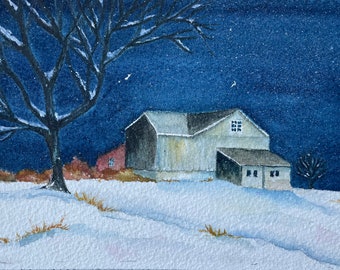 Snowy Night Watercolor Painting of Barn Original Art Painting Watercolor Art