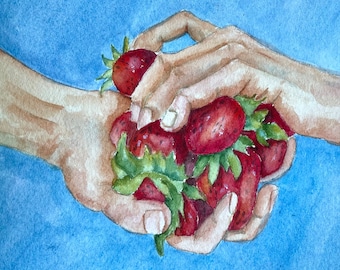 Watercolor Art Painting of Hands With Strawberries Original Painting Fruit Painting Artwork