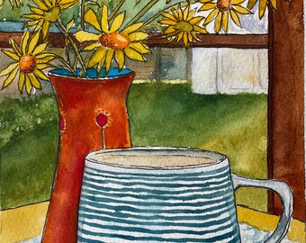 Matted Watercolor of Coffee Mug and Flowers Original Painting Original Art Watercolor