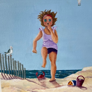 Original Art Oil Painting of Beach Comical Oil Painting Of Beach and Seagulls Original Art 11 x 14 Art Canvas Beach Art