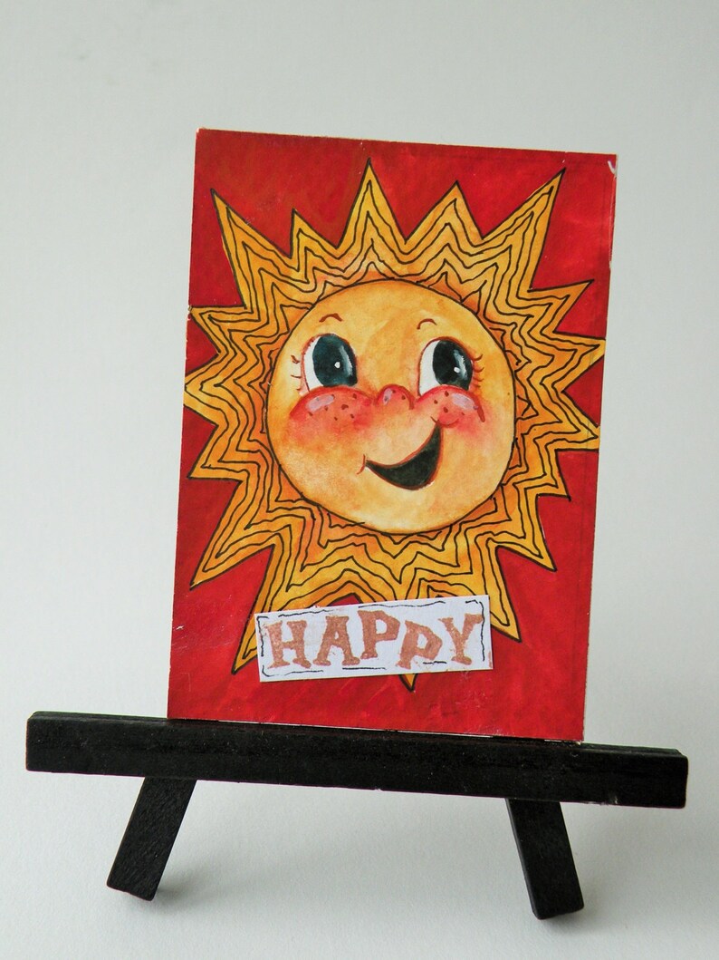 Sun Art Card Original Watercolor Original Painting Childrens Folk Art Artist Trading Card