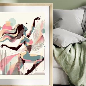 Puede incluir: Una impresión enmarcada de una ilustración abstracta colorida de una mujer bailando con formas geométricas y líneas.