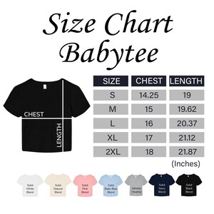 The image is a size chart for a baby tee, showing the measurements for different sizes.