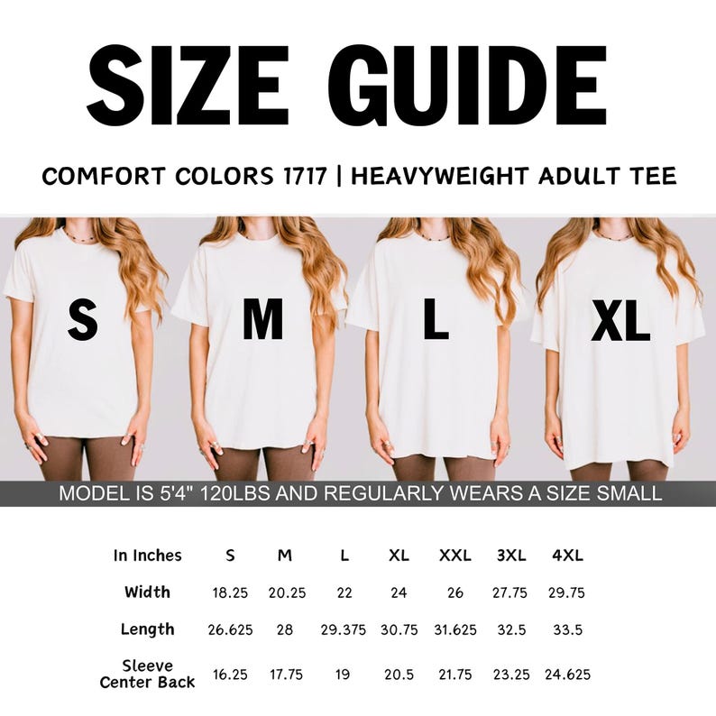 The image is a size guide for a comfortable colors 1717 heavyweight adult tee. It shows four different sizes of the tee, ranging from S to XL, with corresponding measurements and sleeve back sizes.