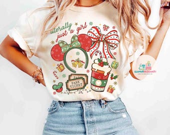 Disney Literally Just A Girl Christmas Shirt Minnie Bow Coffee Tee, Disney Merry Christmas Shirt  Christmas Tee Disney Girl's Trip