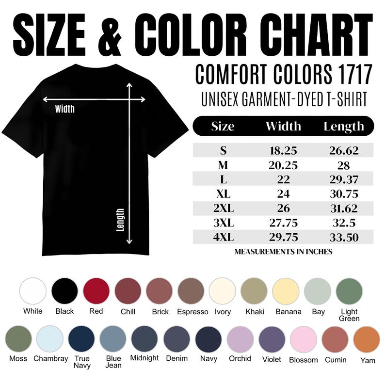 Pu&ograve; includere: T-shirt unisex nero tinto in capo con tabella taglie e colori. La tabella elenca le misure in pollici per le taglie S-4XL. Le opzioni di colore includono bianco, nero, rosso e varie altre tonalit&agrave;.