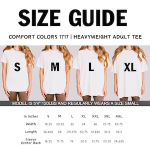 Pu&ograve; includere: Grafico della guida alle taglie con il testo "SIZE GUIDE" e "COMFORT COLORS 1717 | HEAVYWEIGHT ADULT TEE." Quattro modelli indossano magliette bianche con le taglie S, M, L e XL. Sotto, una tabella fornisce le misure in centimetri per varie taglie.