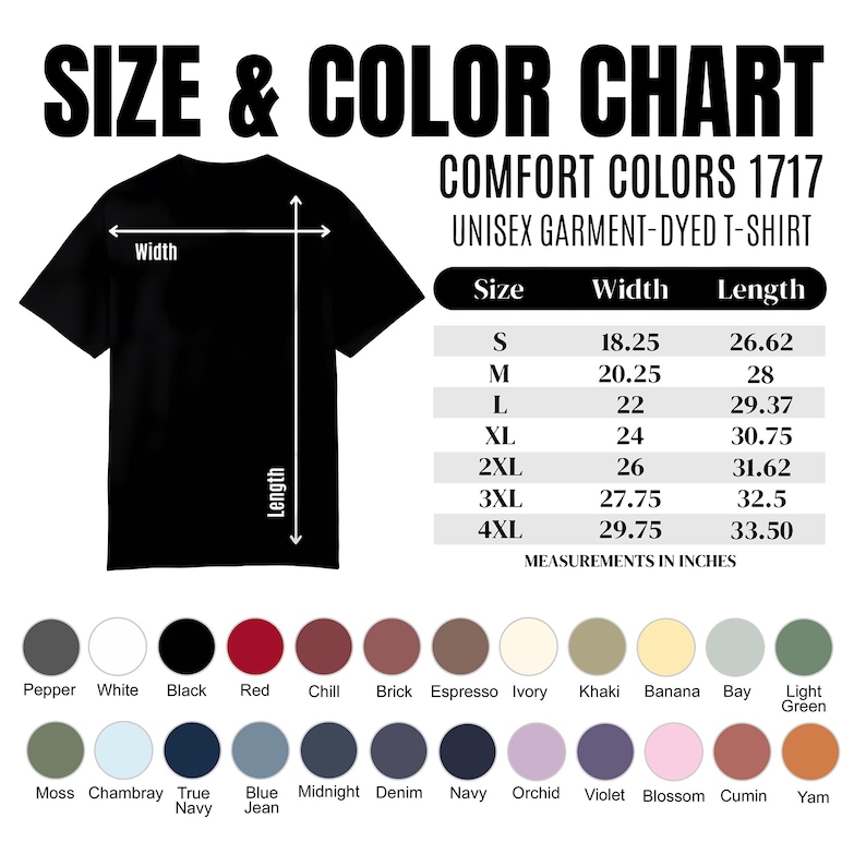 May include: Black t-shirt with a size and color chart. The chart lists measurements in inches for unisex garment-dyed t-shirts, including width and length for sizes S to 4XL. A color palette of 20 colors is also displayed.