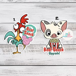 May include: Two cartoon character stickers. One shows a rooster holding cotton candy with "Boat Snack" text. The other depicts a pig holding popcorn with "Boat Snack Upgrade!" text.
