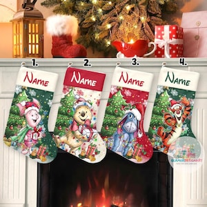 May include: Four Christmas stockings featuring different Disney characters. The stockings are red, green and white with a white cuff. The characters are Winnie the Pooh, Tigger, Piglet and Eeyore. The stockings have the word "Name" on them.