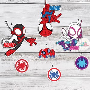 May include: Set of 7 printable Spiderman themed party decorations. The decorations feature different versions of Spiderman, including Miles Morales and Gwen Stacy. The decorations are numbered 1 through 7 and include the text "NAME" on several of the decorations.