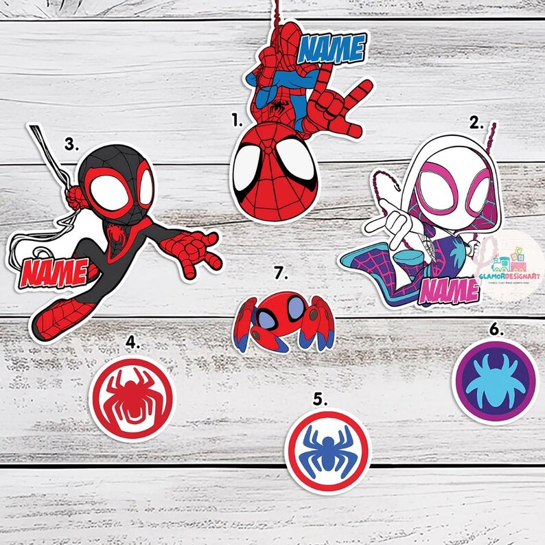 May include: Set of 7 printable Spiderman themed party decorations. The decorations feature different versions of Spiderman, including Miles Morales and Gwen Stacy. The decorations are numbered 1 through 7 and include the text "NAME" on several of the decorations.