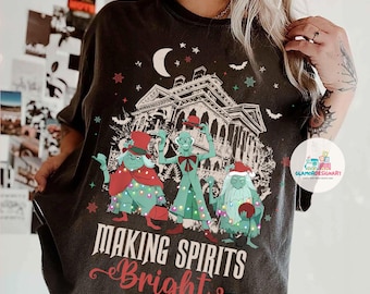 Making Spirits Bright Hitchhiking Ghosts Shirt, Goofy Merry Christmas Haunted Mansion Sweatshirt, Family Matching Halloween T-shirt