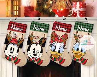 Custom  Christmas Stocking, Personalized Name Stockings, Mickey Minnie Donald Daisy Goofy, Plaid Mantel Decor, Fireplace Gift Stocking