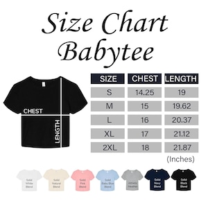 The image is a size chart for a baby tee, showing the measurements for different sizes.