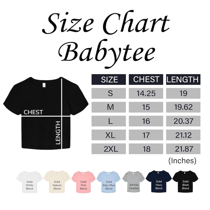 The image is a size chart for a baby tee, showing the measurements for different sizes.