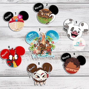 May include: Ten colorful Disney-themed Mickey Mouse ear ornaments with the text "NAME" and various characters from Disney movies. The ornaments are numbered 1 through 7. The ornaments feature characters from Moana, Lilo & Stitch, and the Disney Wish cruise ship.