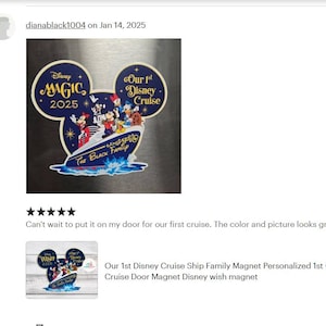 Puede incluir: Un im&aacute;n de crucero de Disney con Mickey Mouse y sus amigos en un barco. El im&aacute;n tiene un dise&ntilde;o de oreja de Mickey Mouse azul marino con el texto "Disney Magic 2025" y "Our 1st Disney Cruise". El barco est&aacute; etiquetado como "The Black Family".