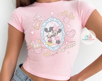 Coquette bow Disney Mickey Minnie Valentine Baby tee, Disney couple WDW Disneyland Sweethearts nite Croptop Baby Tee womens T-shirt