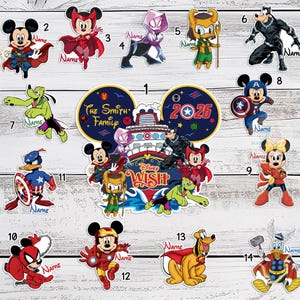 May include: A selection of vibrant Disney character stickers, featuring Mickey and Minnie Mouse, and Donald Duck, in superhero costumes. The stickers showcase diverse designs and the text "The Smith Family" and "2026".