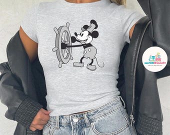 Disney Steamboat Willie Mickey Baby Tee, Disney World Tee, Classic Mickey baby tee, Magic Kingdom Shirts, Women Baby Tee Girly aesthetic WDW