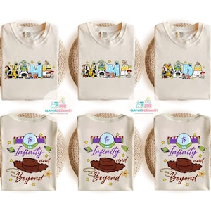 May include: Set of five beige t-shirts with Toy Story character designs. The shirts feature the words "NAME", "MAMA", "DADA", and "to Infinity and Beyond".