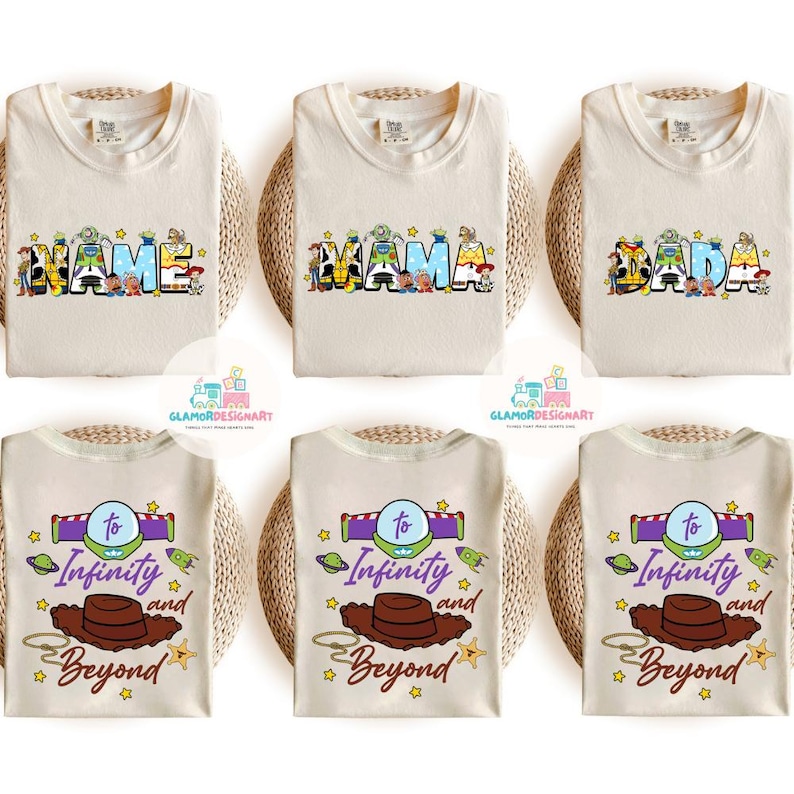 May include: Set of five beige t-shirts with Toy Story character designs. The shirts feature the words "NAME", "MAMA", "DADA", and "to Infinity and Beyond".