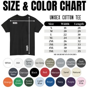 May include: Size and color chart for a unisex cotton tee shirt. The chart shows the width and length measurements in inches for sizes S through 5XL. The chart also includes a color palette with 20 different color options.