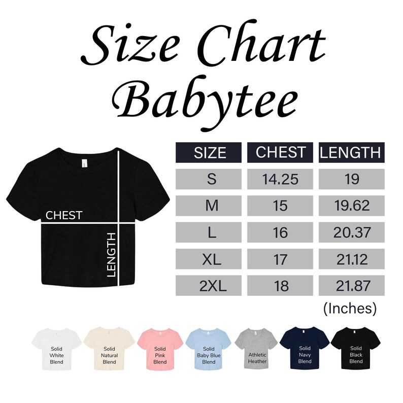 The image is a size chart for a baby tee, showing the measurements for different sizes.