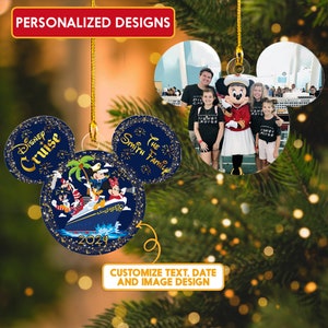 May include: A personalized Disney Cruise ornament with a Mickey Mouse ear shape. The ornament features a family photo with Minnie Mouse, the text "Disney Cruise 2024", and the words "The Smith Family". The design is customizable.