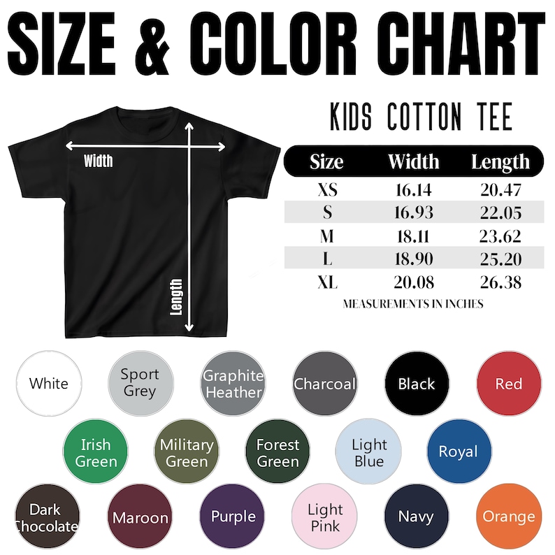 Puede incluir: Tabla de tallas para camisetas de algod&oacute;n para ni&ntilde;os, que muestra las medidas en pulgadas para el ancho y la longitud. La tabla incluye las tallas XS, S, M, L y XL. La tabla de colores muestra una variedad de colores, incluyendo blanco, gris, jaspeado, carb&oacute;n, negro, rojo, verde, azul, morado, rosa, azul marino y naranja.