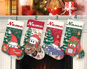 Personalized  cars Christmas Stocking, Custom Name Lightning McQueen Tow Mater Christmas Stocking,  Family Christmas Gifts