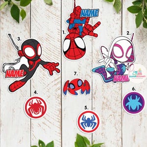 May include: Seven printable Spider-Man themed party decorations. The decorations include a red and blue Spider-Man, a white and black Spider-Gwen, a red and black Spider-Man, a red spider, a blue spider, a red spider, and a white spider. The decorations are numbered 1 through 7. The decorations have the word "NAME" on them.