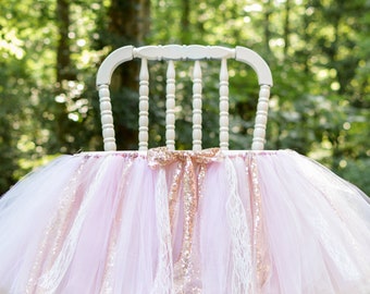 Pink And Gold High Chair Banner For Her First Birthday Party Cake Smash Rose White Glitter Tulle Fabric Ribbons One Decorations Garland Tutu