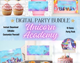 Unicorn Academy Birthday Party Kit DIGITAL | Unicorn Academy Party Bundle Set | Personalized Party Pack | EDITABLE Printable File Download