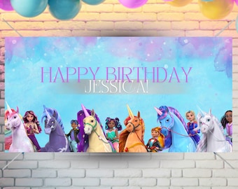 ユニコーンアカデミー バースデーバナー | ユニコーンアカデミー パーソナライズ バースデーウォールサイン | パーソナライズ バースデーパーティーバナー | 編集可能なテンプレート