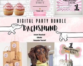 Wiener Dog Birthday Party Set - Editable Digital Download | Dachshund Party Decorations | Video Invitation, Banners, Stickers & More (GIRL)