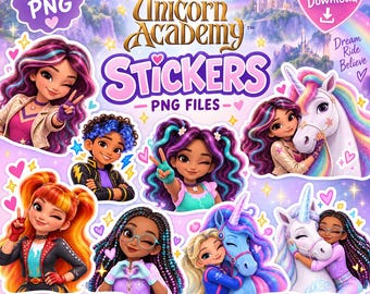 Unicorn Academy Stickers PNG, 24 Printable Digital Stickers, Unicorn Birthday Party Clipart, Instant Download