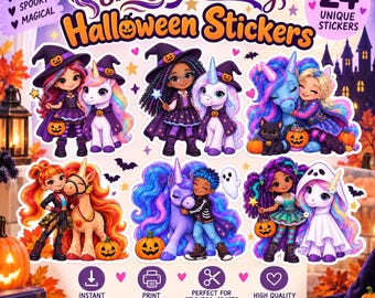 Unicorn Academy Halloween Stickers | Printable Unicorn Stickers | Canva Template for Kids