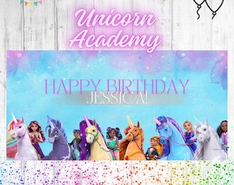 UNICORN ACADEMY Birthday Banner | Unicorn Academy Personalized Birthday Wall Sign | Personalized Birthday Party Banner | Editable template