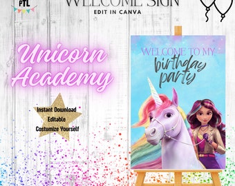 UNICORN ACADEMY Welcome Sign | Editable Template | Instant Download | Unicorn Academy Birthday Welcome Sign