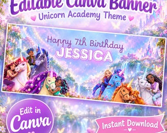 Unicorn Academy Birthday Banner Editable Canva Template Personalized Party Backdrop Instant Download