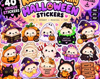 Kawaii Halloween Stickers, Cute Dumpling Clipart, Editable Canva Halloween PNG, Dumpling Halloween Stickers