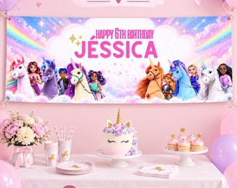 Unicorn Academy Birthday Banner Template, Editable Canva Party Backdrop, Digital Download