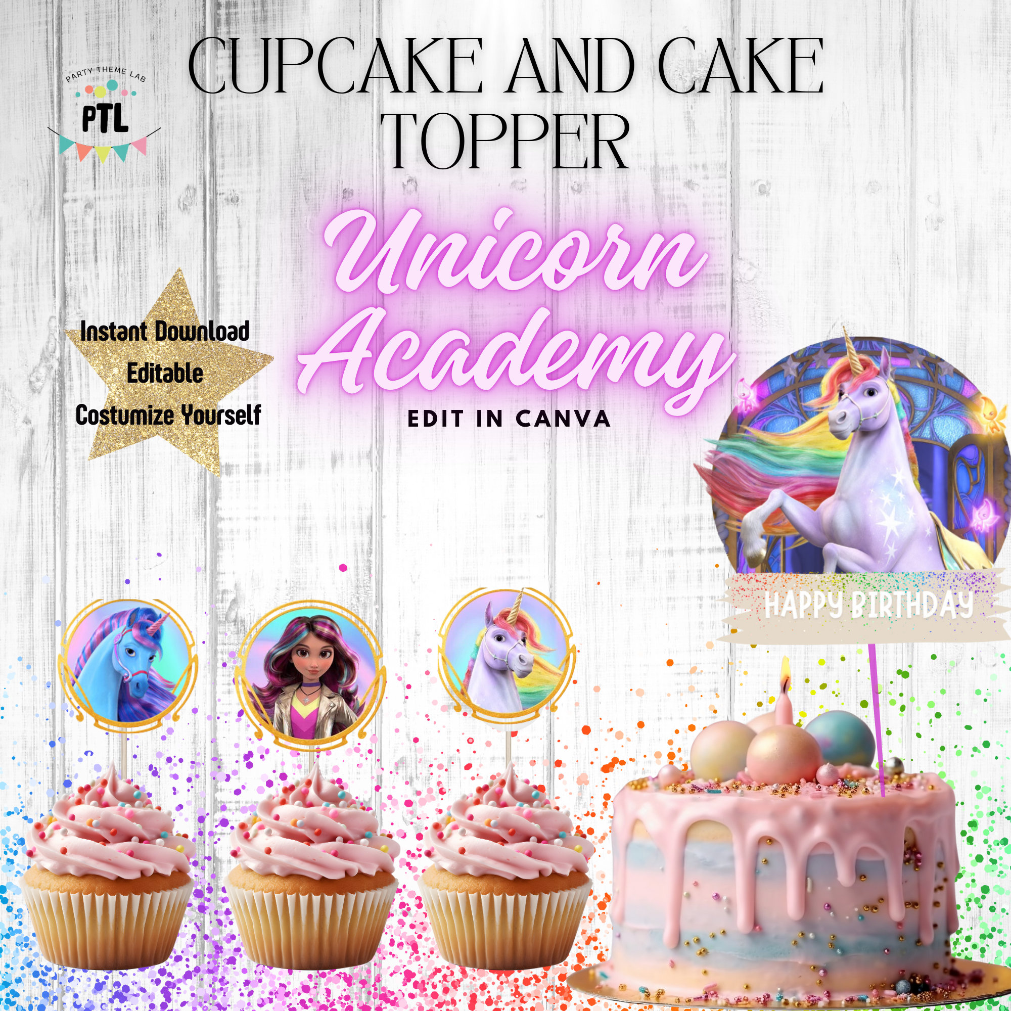 UNICORN ACADEMY Cupcake Toppers | Unicorn Academy Birthday Cake Topper | Digital customize yourself