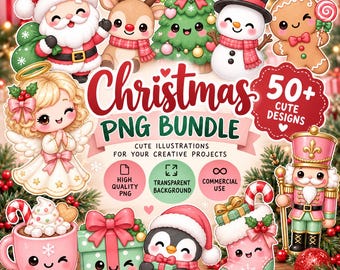 Cute Christmas PNG Bundle, Kawaii Holiday Clipart, Commercial Use Digital Download