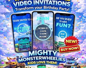 MIGHTY MONSTERWHEELIES Animated Birthday Invitation | Custom Editable Template with Music | Animated Video Invitation