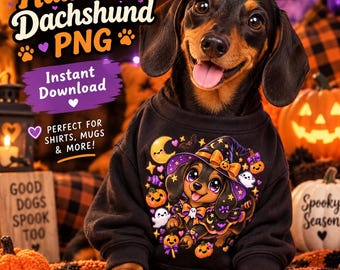 Cute Halloween Dachshund PNG, Witch Dog Sublimation Design, Spooky Puppy Digital Download