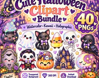 Cute Halloween PNG Bundle, Kawaii Clipart, Commercial Use, Pastel Spooky Graphics